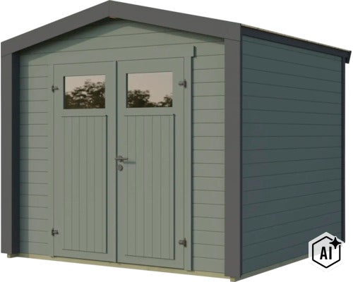 Gerätehaus aus Holz mit Doppeltür und Fenstern für den Garten (Image AI modified or generated)