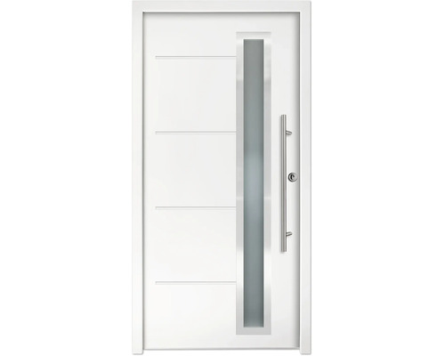 Haustür mit vertikalem Lichtausschnitt aus Glas, Edelstahl-Stangengriff und horizontalen Fräsungen.