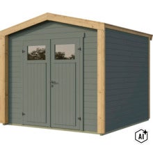 Gartenhaus aus Holz mit Doppeltür und Fenstern in moderner Blockbohlenbauweise (Image AI modified or generated)