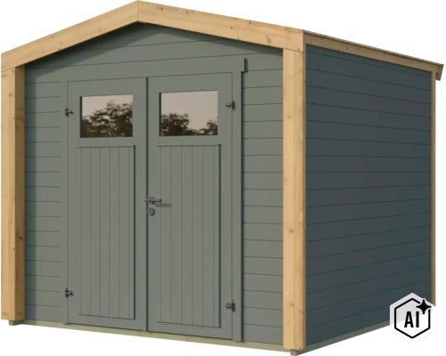 Gartenhaus aus Holz mit Doppeltür und Fenstern in moderner Blockbohlenbauweise (Image AI modified or generated)