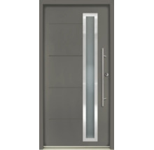 Moderne Haustür in Dunkelgrau mit vertikalem Glasausschnitt, Edelstahleinfassung, Querfräsungen und Stangengriff aus Edelstahl.