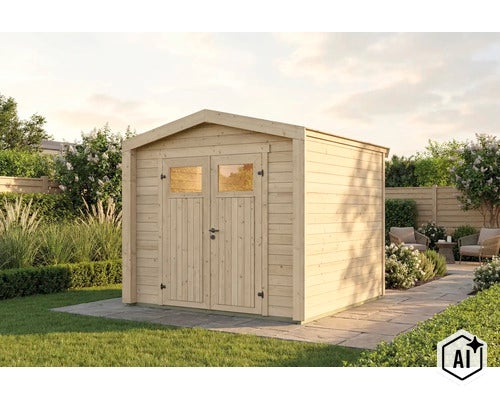 Gartenhaus aus Holz mit Doppeltür und Fenstern im Garten auf einer gepflasterten Fläche stehend. (Image AI modified or generated)