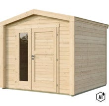 Gartenhaus aus Holz mit Satteldach und Doppeltür inklusive Glaseinsatz (Image AI modified or generated)