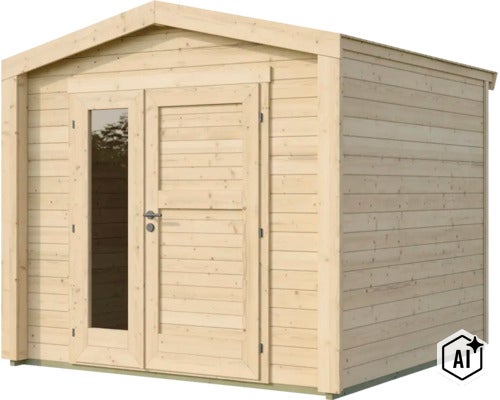 Gartenhaus aus Holz mit Satteldach und Doppeltür inklusive Glaseinsatz (Image AI modified or generated)