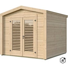 Gartenhaus aus Holz mit Satteldach und Doppeltür mit Lamellenfenstern für den Außenbereich. (Image AI modified or generated)