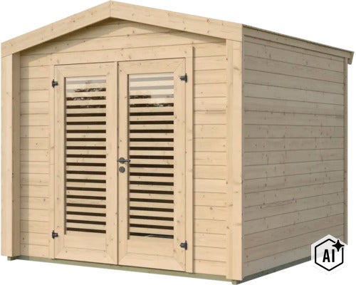 Gartenhaus aus Holz mit Satteldach und Doppeltür mit Lamellenfenstern für den Außenbereich. (Image AI modified or generated)