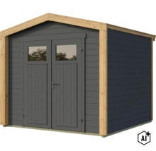 Modernes Gartenhaus aus Holz mit Doppeltür, Lichtausschnitten und Satteldach, ideal zur Aufbewahrung von Gartengeräten. (Image AI modified or generated)