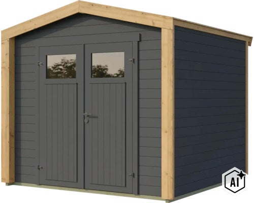 Modernes Gartenhaus aus Holz mit Doppeltür, Lichtausschnitten und Satteldach, ideal zur Aufbewahrung von Gartengeräten. (Image AI modified or generated)
