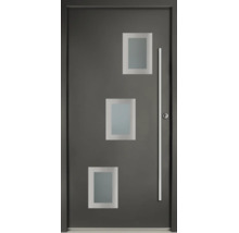 Moderne Haustür in Anthrazit mit drei versetzten rechteckigen Lichtausschnitten aus Milchglas und langem Edelstahl-Stoßgriff.