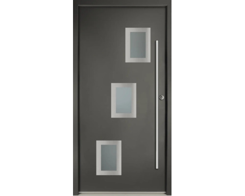 Moderne Haustür in Anthrazit mit drei versetzten rechteckigen Lichtausschnitten aus Milchglas und langem Edelstahl-Stoßgriff.