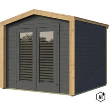 Modernes Gartenhaus aus Holz mit Doppeltür und Glaseinsätzen, horizontale Wandverkleidung mit natürlichem Holzakzent an den Kanten. (Image AI modified or generated)
