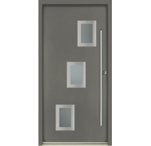 Graue Haustür mit drei rechteckigen Lichtausschnitten und langem Edelstahl-Stoßgriff.