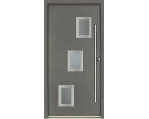 Graue Haustür mit drei rechteckigen Lichtausschnitten und langem Edelstahl-Stoßgriff.