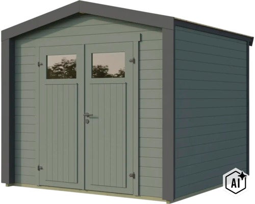 Gartenhaus aus Holz mit Satteldach und Doppeltür mit Fenstereinsätzen für die Aufbewahrung von Gartengeräten (Image AI modified or generated)