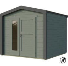 Gartenhaus aus Holz mit Satteldach und Doppeltüren mit Glaseinsatz (Image AI modified or generated)