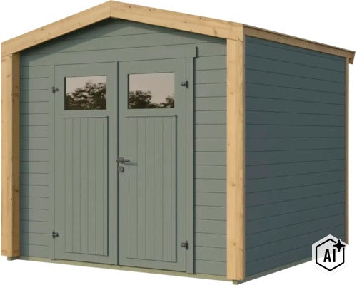 Gartenhaus aus Holz mit Doppeltür und Fenstereinsätzen im klassischen Design für den Außenbereich (Image AI modified or generated)