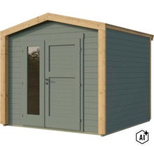 Gartenhaus aus Holz mit Doppeltür und Glaseinsätzen, klassisches Satteldach Design (Image AI modified or generated)
