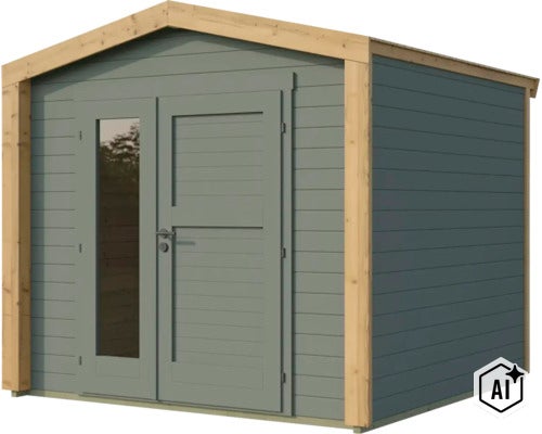 Gartenhaus aus Holz mit Doppeltür und Glaseinsätzen, klassisches Satteldach Design (Image AI modified or generated)