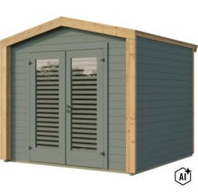 Modernes Gartenhaus aus Holz mit Doppelflügeltür und bodentiefen Fenstern mit horizontaler Teilung für den Garten. (Image AI modified or generated)