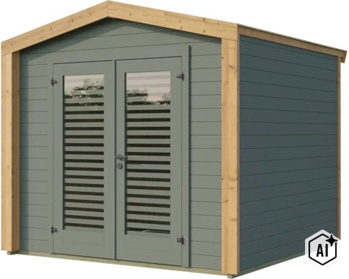 Modernes Gartenhaus aus Holz mit Doppelflügeltür und bodentiefen Fenstern mit horizontaler Teilung für den Garten. (Image AI modified or generated)