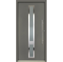 Moderne Haustür in Anthrazit mit vertikalem Lichtausschnitt, Edelstahldekor und langem Stangengriff.