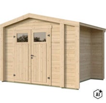 Gartenhaus aus Holz mit Doppeltür und integriertem Schleppdach (Image AI modified or generated)