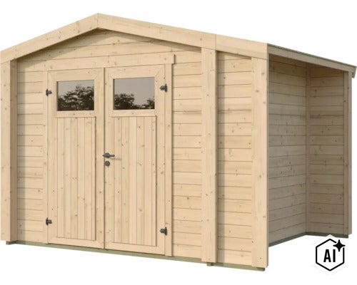 Gartenhaus aus Holz mit Doppeltür und integriertem Schleppdach (Image AI modified or generated)