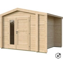 Gartenhaus aus Holz mit Satteldach und seitlichem Anbau sowie einer Doppeltür mit Glaseinsatz. (Image AI modified or generated)