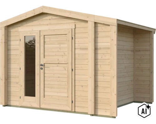Gartenhaus aus Holz mit Satteldach und seitlichem Anbau sowie einer Doppeltür mit Glaseinsatz. (Image AI modified or generated)
