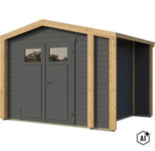Modernes Gartenhaus aus Holz mit Doppeltür und Fenstern, Blockbohlenbauweise mit Kontrastrahmen. (Image AI modified or generated)
