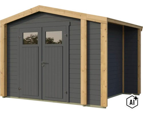 Modernes Gartenhaus aus Holz mit Doppeltür und Fenstern, Blockbohlenbauweise mit Kontrastrahmen. (Image AI modified or generated)