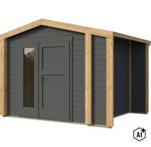 Gartenhaus aus Holz mit Doppeltür und Glaseinsatz sowie seitlichem Anbau für zusätzlichen Stauraum. (Image AI modified or generated)