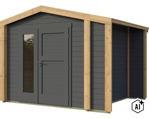 Gartenhaus aus Holz mit Doppeltür und Glaseinsatz sowie seitlichem Anbau für zusätzlichen Stauraum. (Image AI modified or generated)