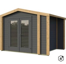 Gartenhaus aus Holz mit Doppelflügeltür und seitlichem Anbau mit moderner Fassadenverkleidung. (Image AI modified or generated)