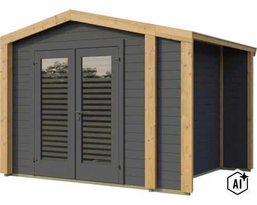 Gartenhaus aus Holz mit Doppelflügeltür und seitlichem Anbau mit moderner Fassadenverkleidung. (Image AI modified or generated)
