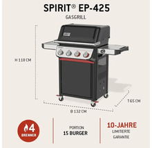 Weber Spirit EP-425 Gasgrill mit 4 Brennern, Höhe 118 Zentimeter, Breite 132 Zentimeter, Tiefe 65 Zentimeter, 10 Jahre Garantie.