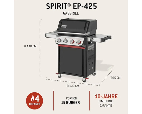 Weber Spirit EP-425 Gasgrill mit 4 Brennern, Höhe 118 Zentimeter, Breite 132 Zentimeter, Tiefe 65 Zentimeter, 10 Jahre Garantie.