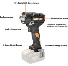 Worx Akku-Schlagschrauber mit bürstenlosem Motor, LED-Licht, Zapfenamboss, Drehzahlregelung, Automatik-Stopp-Modus und drei Gängen.