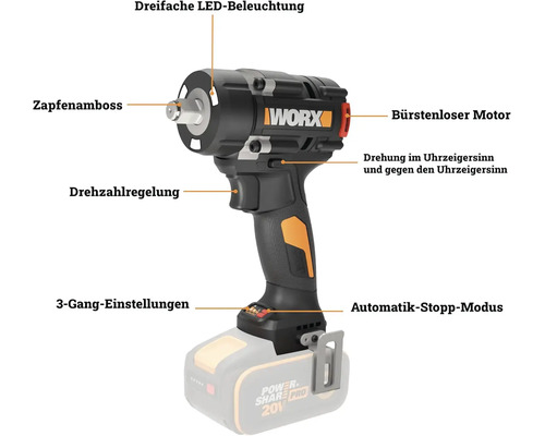 Worx Akku-Schlagschrauber mit bürstenlosem Motor, LED-Licht, Zapfenamboss, Drehzahlregelung, Automatik-Stopp-Modus und drei Gängen.