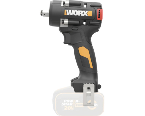 Akku-Schlagschrauber von Worx mit Power Share Akku-System, ergonomischem Griff und Gürtelclip.
