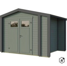 Gartenhaus aus Holz mit Doppeltür und Fenstereinsätzen im modernen Design für den Garten (Image AI modified or generated)
