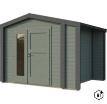 Modernes Gartenhaus aus Holz mit Satteldach, Doppeltür und Glaseinsatz als Gerätehaus oder Gartenhaus nutzbar. (Image AI modified or generated)