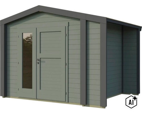 Modernes Gartenhaus aus Holz mit Satteldach, Doppeltür und Glaseinsatz als Gerätehaus oder Gartenhaus nutzbar. (Image AI modified or generated)