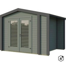 Gartenhaus aus Holz mit Doppeltür und großen Glasfenstern, modernes Design mit Pultdach, ideal als Werkzeugschuppen oder Gartenlaube. (Image AI modified or generated)