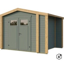 Gartenhaus aus Holz mit Doppeltür, zwei Fenstern und seitlichem Anbau für zusätzlichen Stauraum. (Image AI modified or generated)