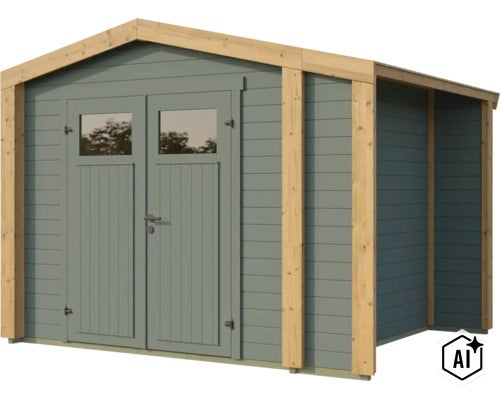 Gartenhaus aus Holz mit Doppeltür, zwei Fenstern und seitlichem Anbau für zusätzlichen Stauraum. (Image AI modified or generated)