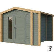Modernes Gartenhaus aus Holz mit Satteldach und verglaster Doppeltür für den Garten (Image AI modified or generated)
