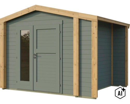 Modernes Gartenhaus aus Holz mit Satteldach und verglaster Doppeltür für den Garten (Image AI modified or generated)