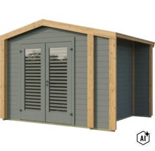 Modernes Gartenhaus aus Holz mit Doppeltür und integriertem seitlichem Unterstand (Image AI modified or generated)
