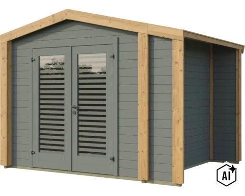 Modernes Gartenhaus aus Holz mit Doppeltür und integriertem seitlichem Unterstand (Image AI modified or generated)